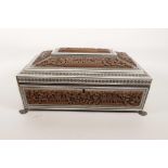 A C19th Vizagapatan workbox and content with carved decoration of temples, A/F losses to