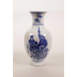 A Chinese blue and white porcelain vase decorated with an emperor and his warriors, 6" high, 6