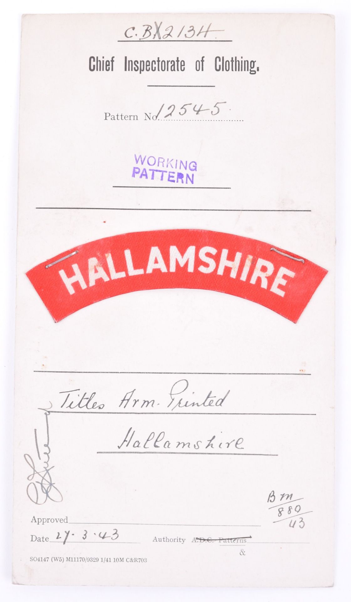 1943 Sealed Pattern Printed Hallamshire Shoulder Title