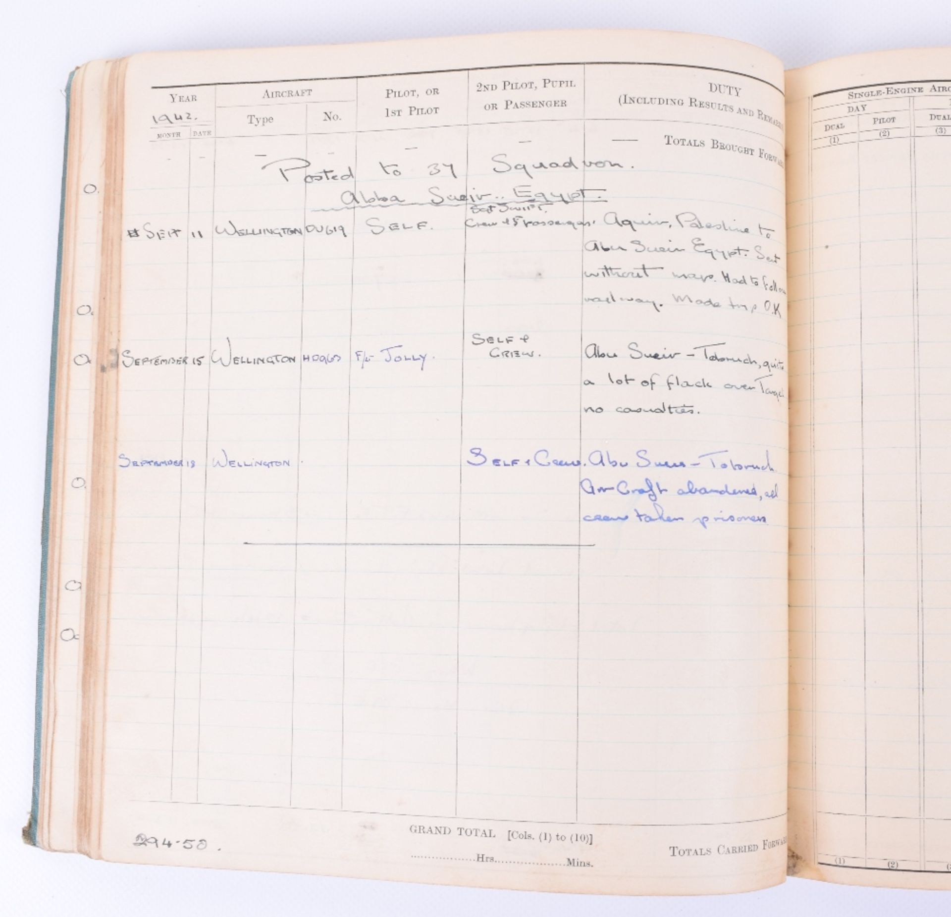 Royal Air Force Pilot’s Flying Log Book of 656362 W/O Leslie B Brown - Image 3 of 9