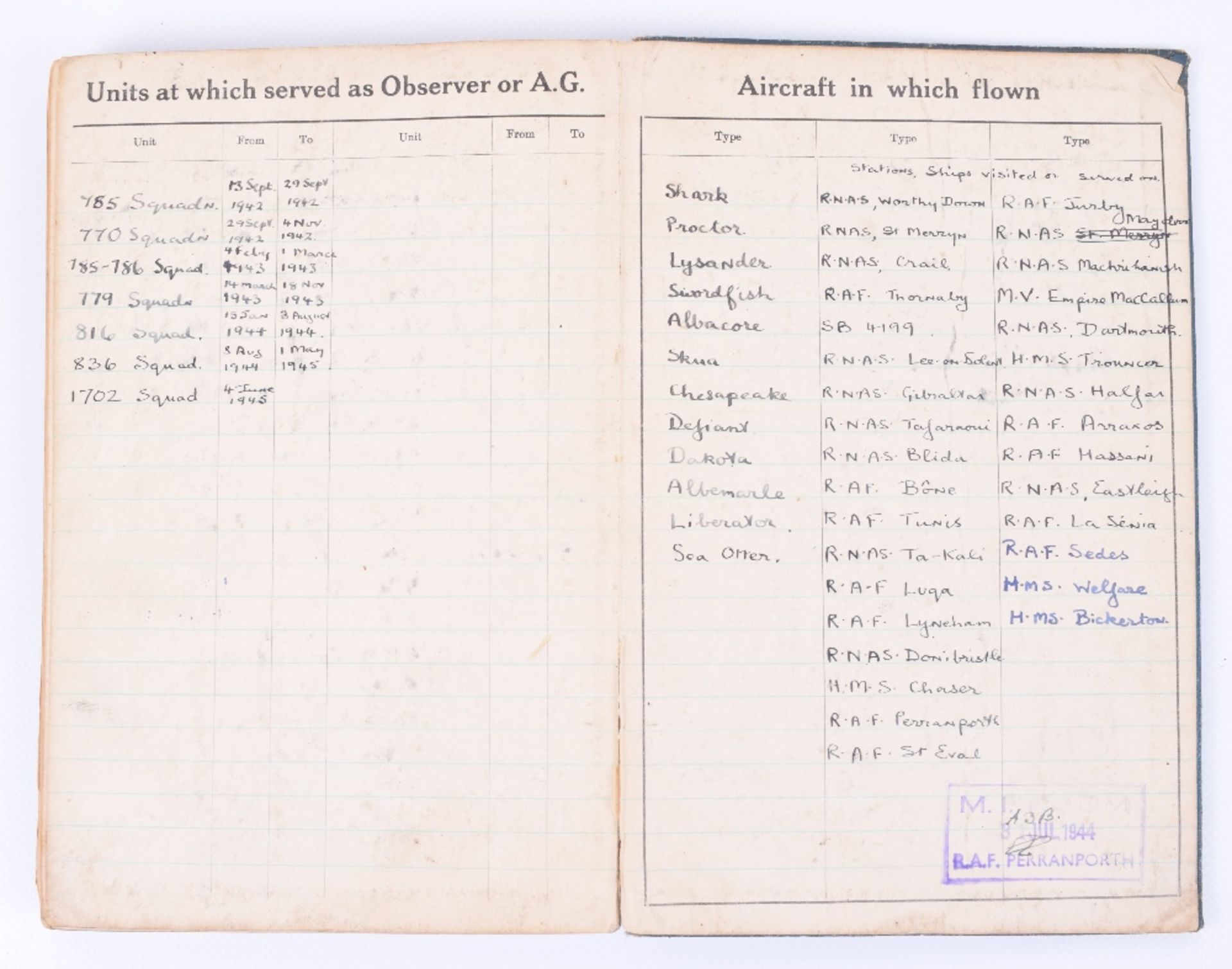 Royal Air Force Observer's and Air Gunner's Flying Log Book of A/G Michael A Parkin - Image 11 of 11