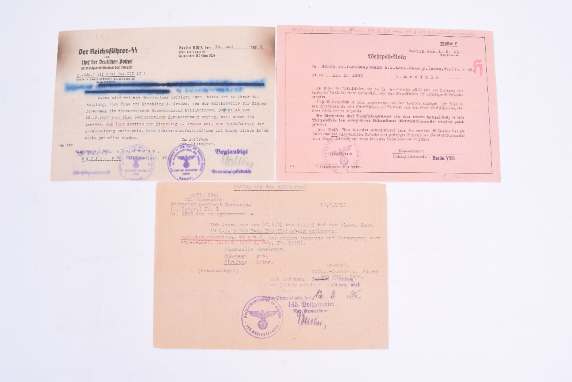 Third Reich Group of Three Documents to Police Captain Hans von Issem