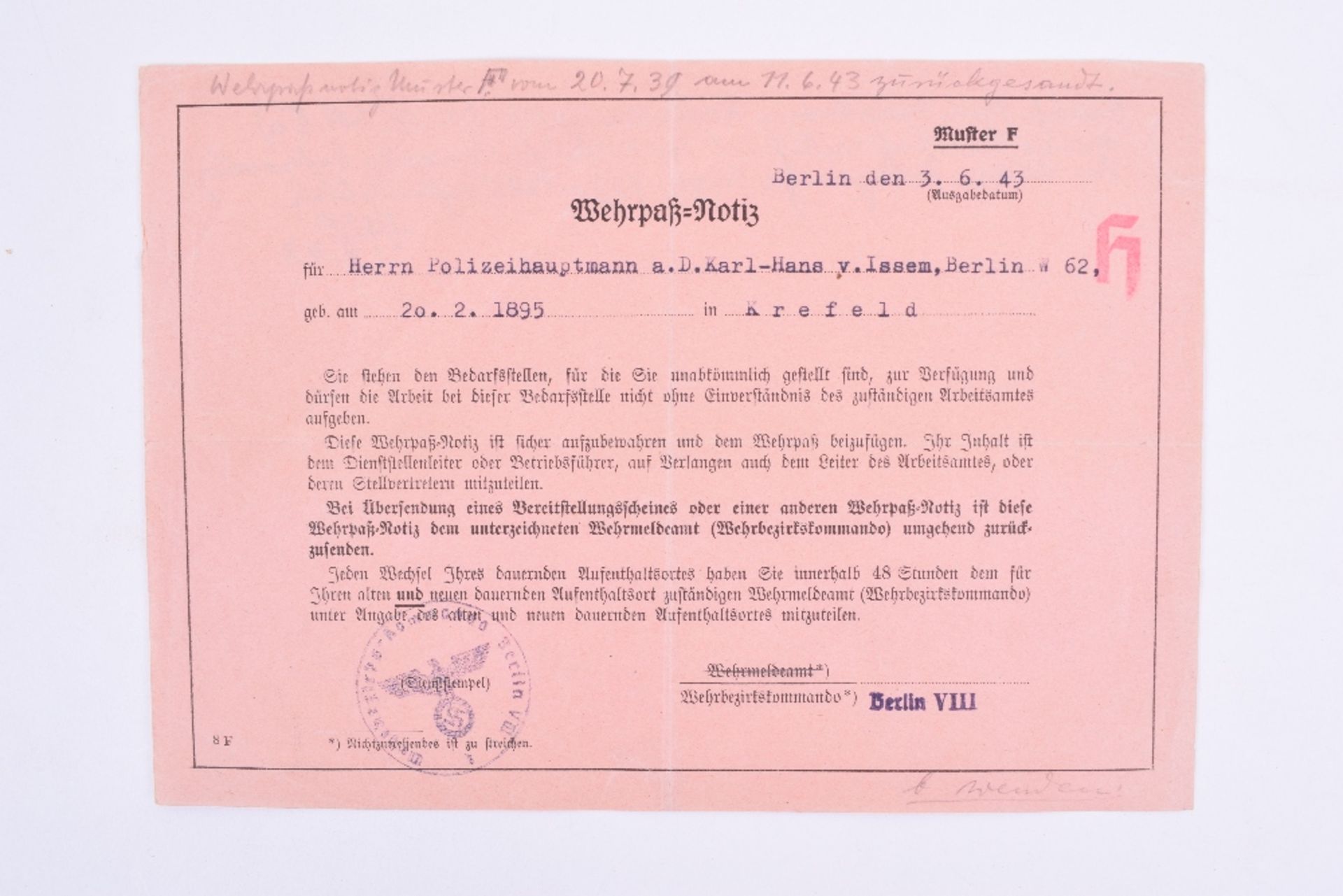 Third Reich Group of Three Documents to Police Captain Hans von Issem - Image 4 of 4