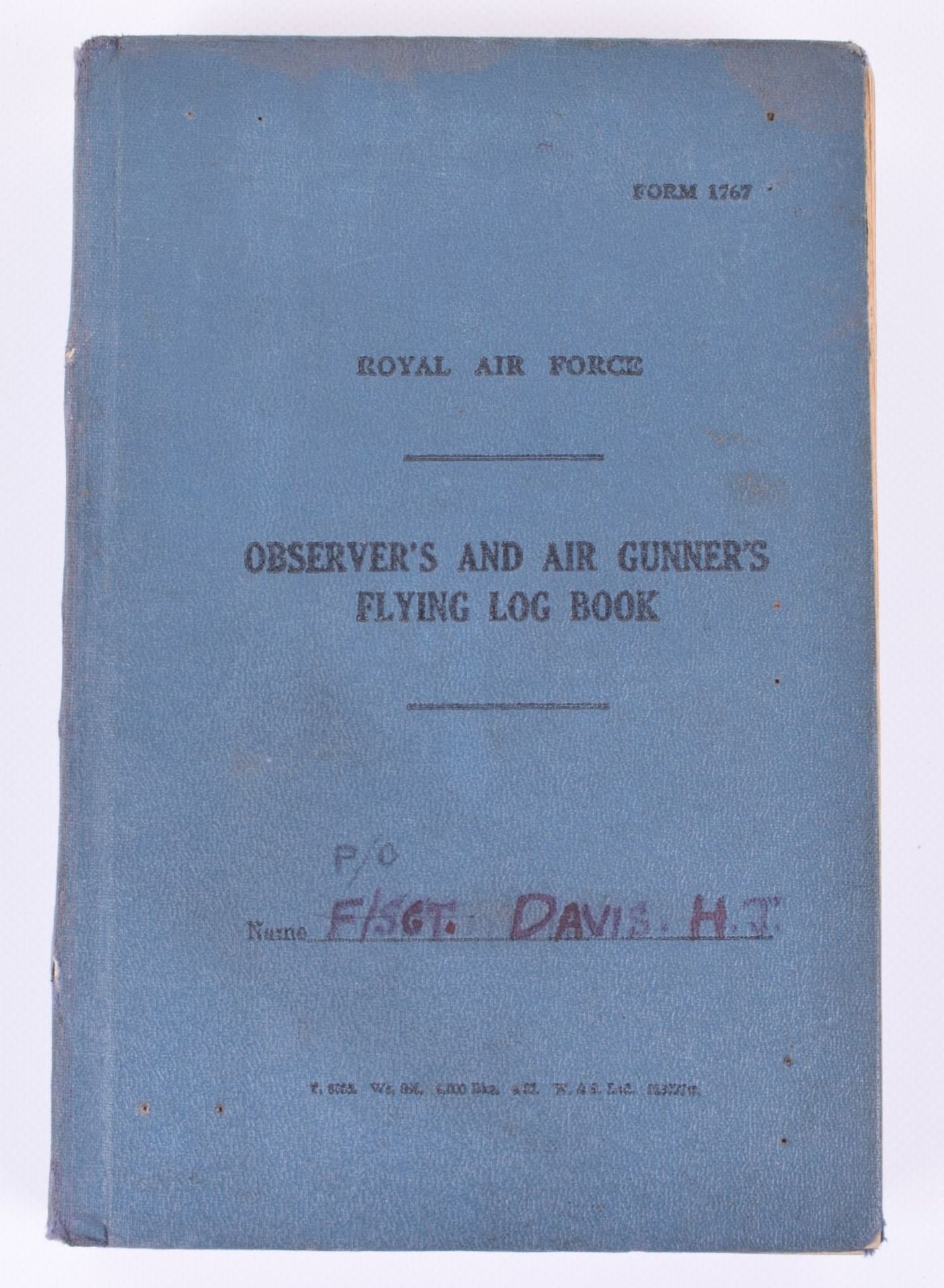 Royal Air Force Observer's and Air Gunner's Flying Log Book of 904081 F/Sgt later 144434 F/Lt H J Da