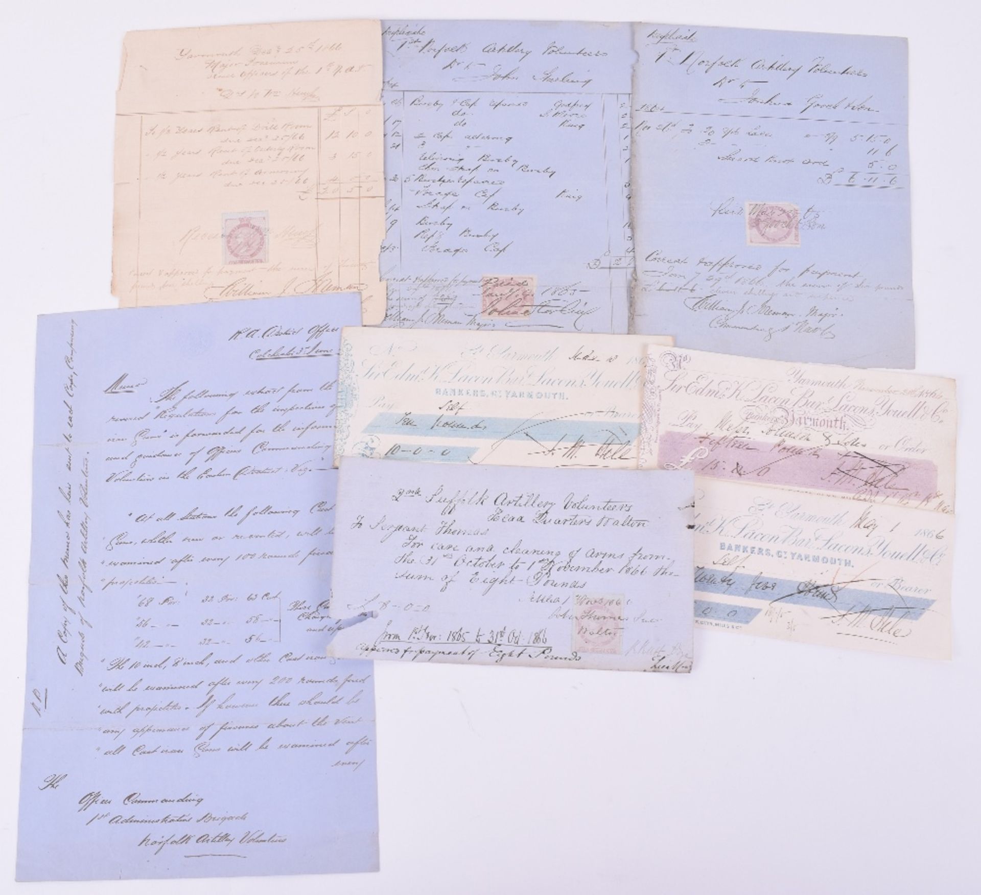 Set of Late Victorian Correspondence and Financial Ephemera Relating to Suffolk and Norfolk Artiller