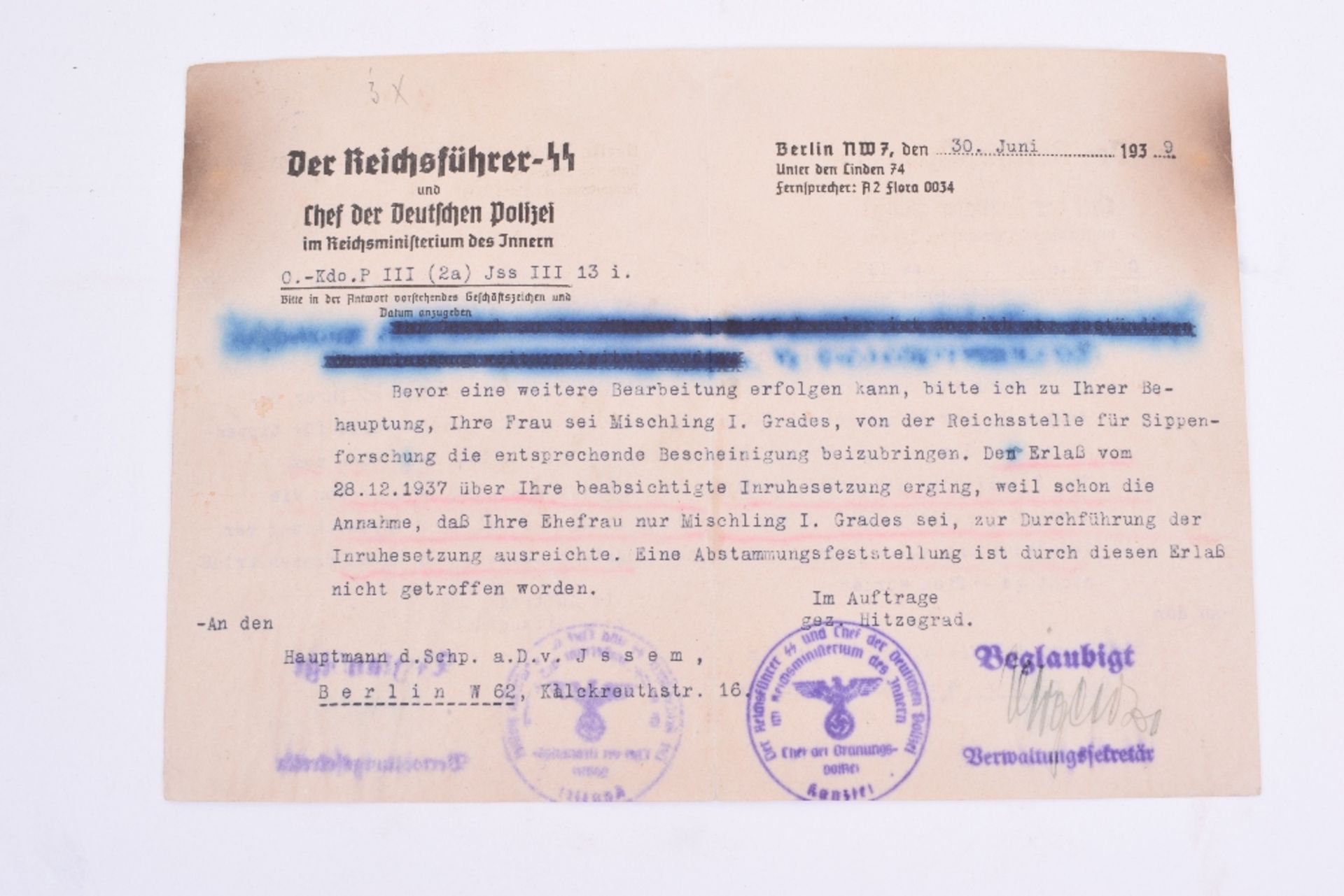 Third Reich Group of Three Documents to Police Captain Hans von Issem - Image 2 of 4