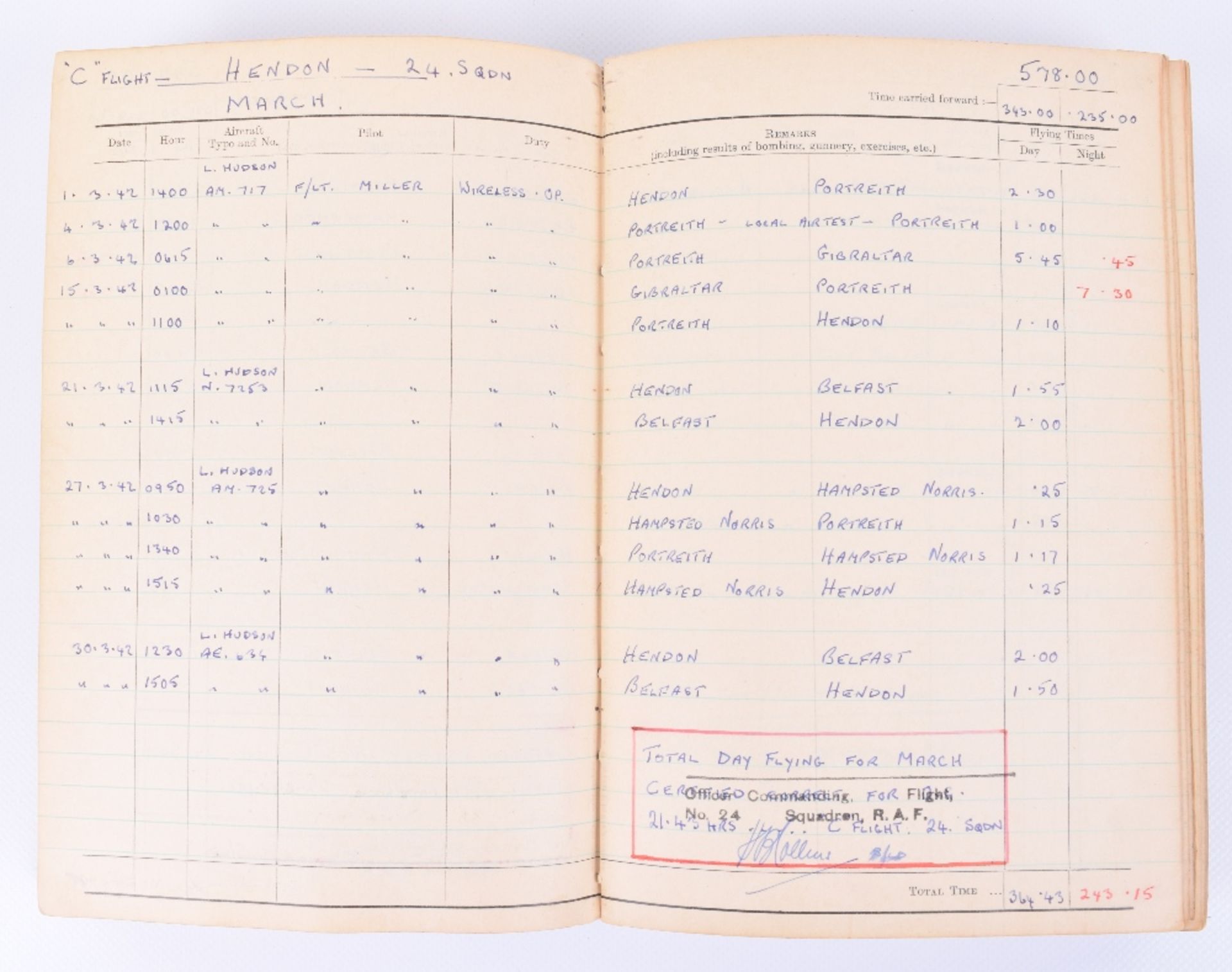 Royal Air Force Observer's and Air Gunner's Flying Log Book of 904081 F/Sgt later 144434 F/Lt H J Da - Image 8 of 11