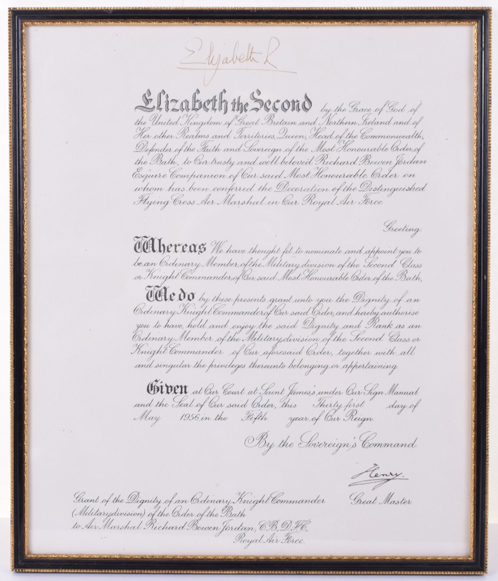 Grant Document of Knight Commander of the Order of Bath to Air Marshall Richard Bowen Jordan DFC, w