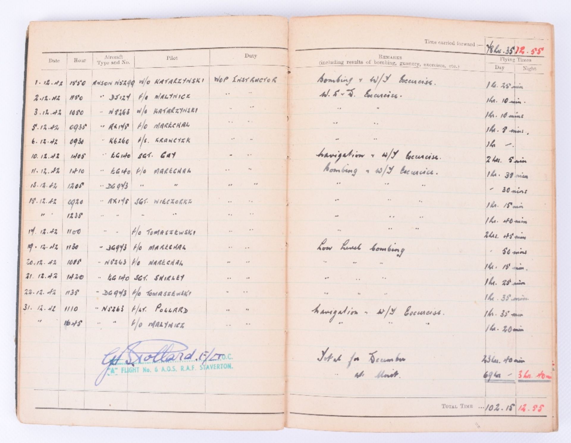 Royal Air Force Observer's and Air Gunner's Flying Log Book of 1125763 Sgt Arthur Robert Bennett - Image 4 of 7