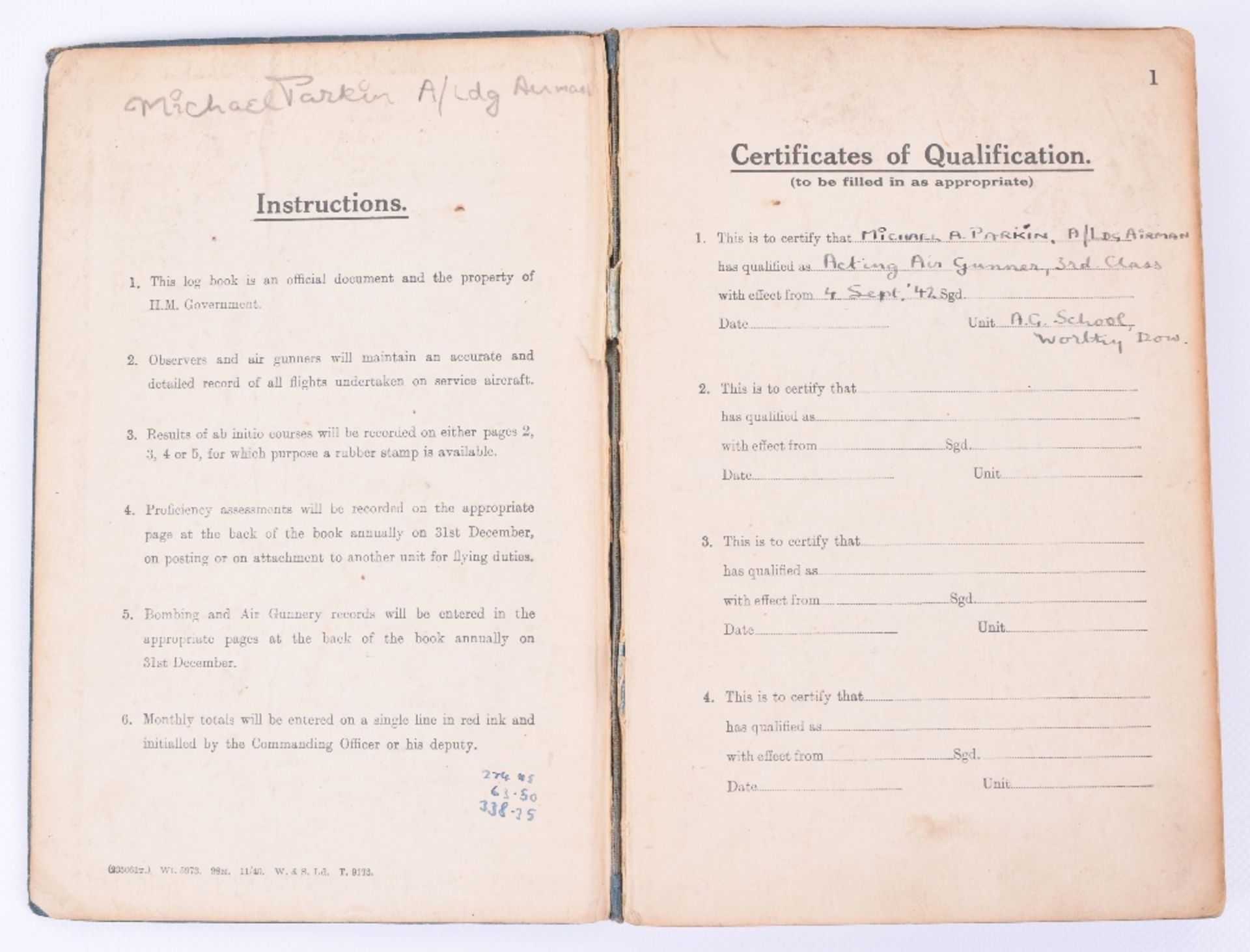 Royal Air Force Observer's and Air Gunner's Flying Log Book of A/G Michael A Parkin - Image 2 of 11