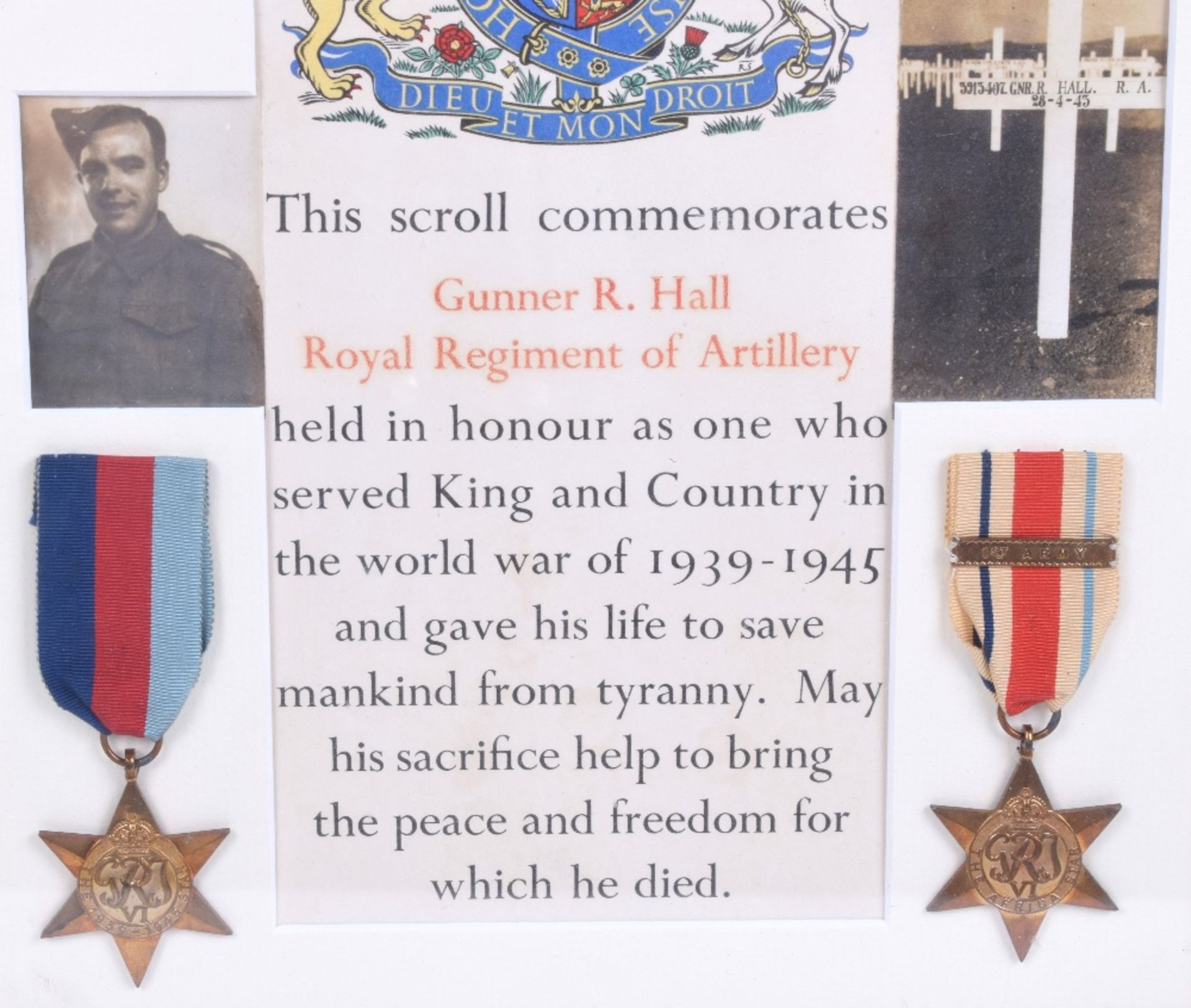 WW2 Royal Artillery Tunisia Campaign Casualty Medal Trio Awarded to Gunner Robert Hall, Royal Artill - Image 3 of 3