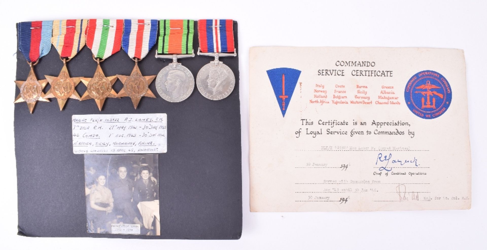 WW2 46th Commando Medal Group of Six Awarded to Marine Philip John Laney, Royal Marines, who was Sli