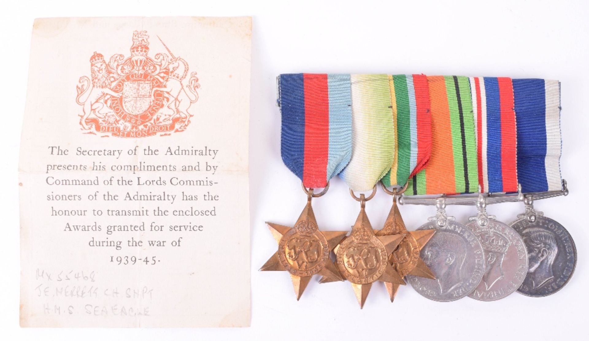 WW2 Campaign and Royal Navy Long Service Good Conduct Medal Group of Six HMS Sea Eagle - Image 3 of 4