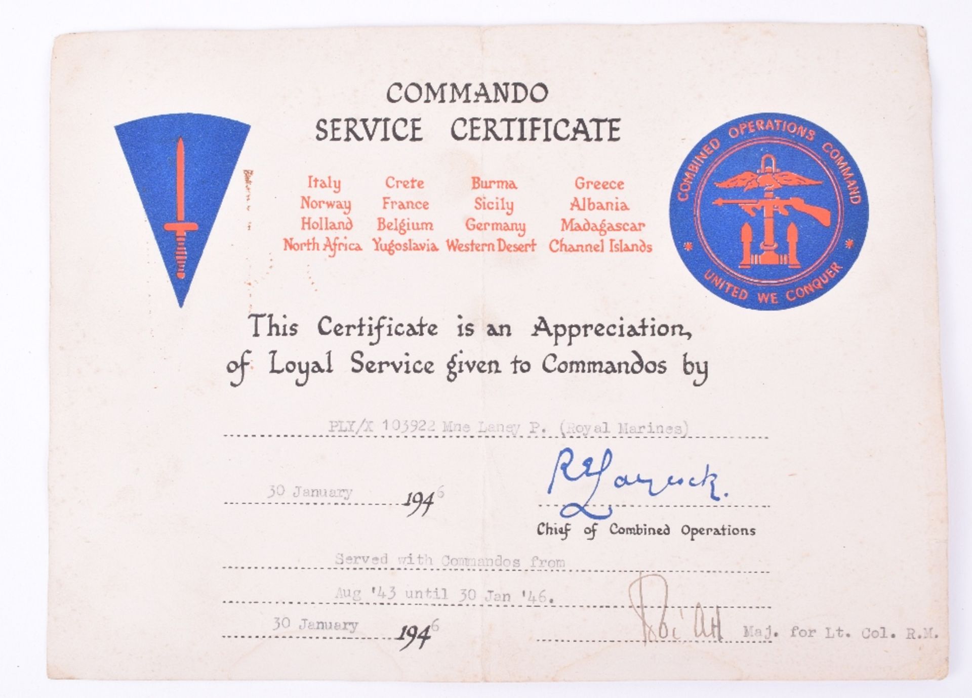 WW2 46th Commando Medal Group of Six Awarded to Marine Philip John Laney, Royal Marines, who was Sli - Image 4 of 4