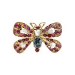 Butterfly Brooch 14 kt yellow gold, sapphires, rubies and pearls