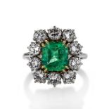 Ring in white gold, yellow gold, diamonds and emeralds