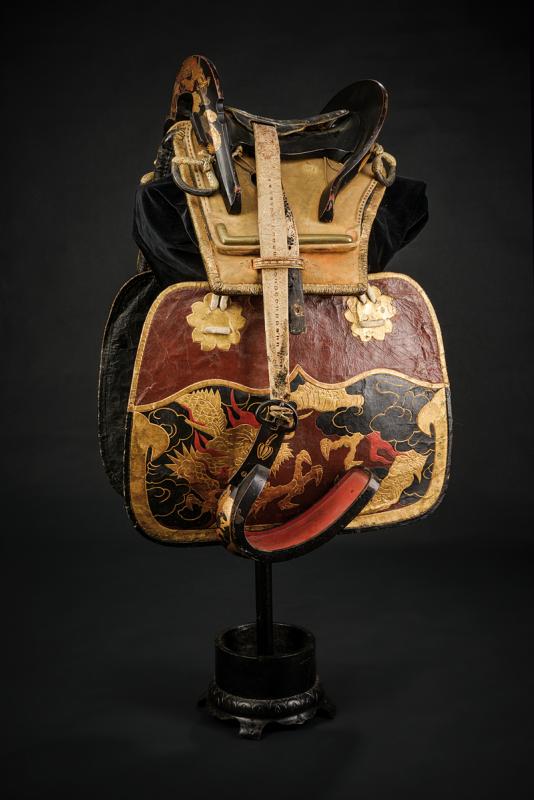 A beautiful and rare kura (saddle) with abumi, saddle-pad and side protection