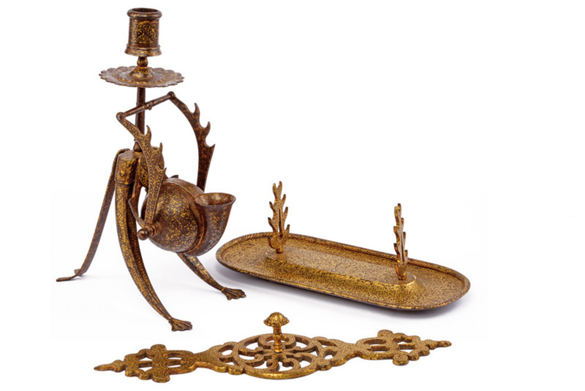 A rare ink-pot with candle holder and tow other objects of a writing set with kofgari decoration - Image 4 of 4