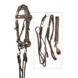 A horse bit with bridle and straps