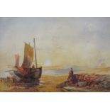 Figures on Shore with a Beached Boat, watercolour signed and dated 1855 by J. E.