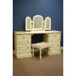 Cream finished pine twin pedestal dressing table, eight drawers, with triple mirror and stool,