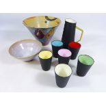 Dartington pottery Petra Tilley bowl and a enamel harlequin water jug set and a studio pottery bowl