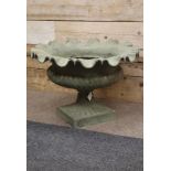 Circular copper finish centrepiece urn with wavy border on pedestal base, D78cm,