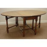Large medium oak drop leaf dining table, turned gate leg base, 122cm x 60cm,
