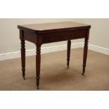 Victorian mahogany tea table, rectangular fold over top with rounded corners, turned gate leg base,