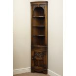 Quality medium oak corner cupboard, three shelves and panelled cupboard, carved detail, W46cm,