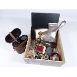 Old coin collection, pair binoculars, advertising shoe horn, pair copper bowls,