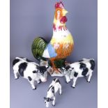 Large pottery Cockerel and a group of Melba Ware cow,