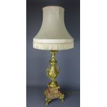 Tall gilt metal and marble table lamp,