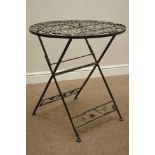 Bronzed finish circular metal lattice work top garden patio table on folding base, D70cm,