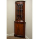 Reproduction mahogany bow front corner display cabinet, W65cm,