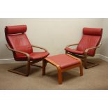 Pair Ikea Poang armchairs and matching footstool with loose cushions upholstered in red leather