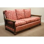 Early 20th century oak framed Carolean style three piece bergere lounge suite,