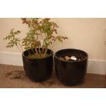 Two black glazed terracotta planters,