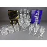 Set of six Edinburgh crystal tumblers and two sets of six liquor glasses, all with boxes,