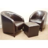 Pair tub shaped armchairs and matching stool upholstered in brown leather Condition