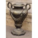 Bronze finish circular ornate cast iron centre piece urn with swan neck handles, D59cm,