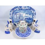Large Victorian Spode Italian Garden pattern blue and white meat plate,