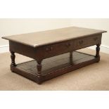 Rectangular oak coffee table with two drawers and undertier, turned supports, 130cm x 61cm,