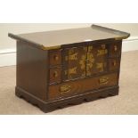 Korean hardwood altar cabinet with cupboard and drawers, engraved brass mounts and fittings, W62cm,