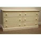 Cream finished pine six drawer chest, W153cm, H76cm,