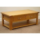 Light oak coffee table with two drawers, 60cm x 120cm,