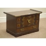 Korean hardwood altar cabinet with cupboard and drawers, engraved brass mounts and fittings, W62cm,