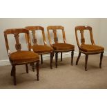 Set four Late Victorian walnut armchairs, with carved decoration, turned legs with fluted detail,