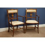 Pair Edwardian inlaid walnut armchairs,