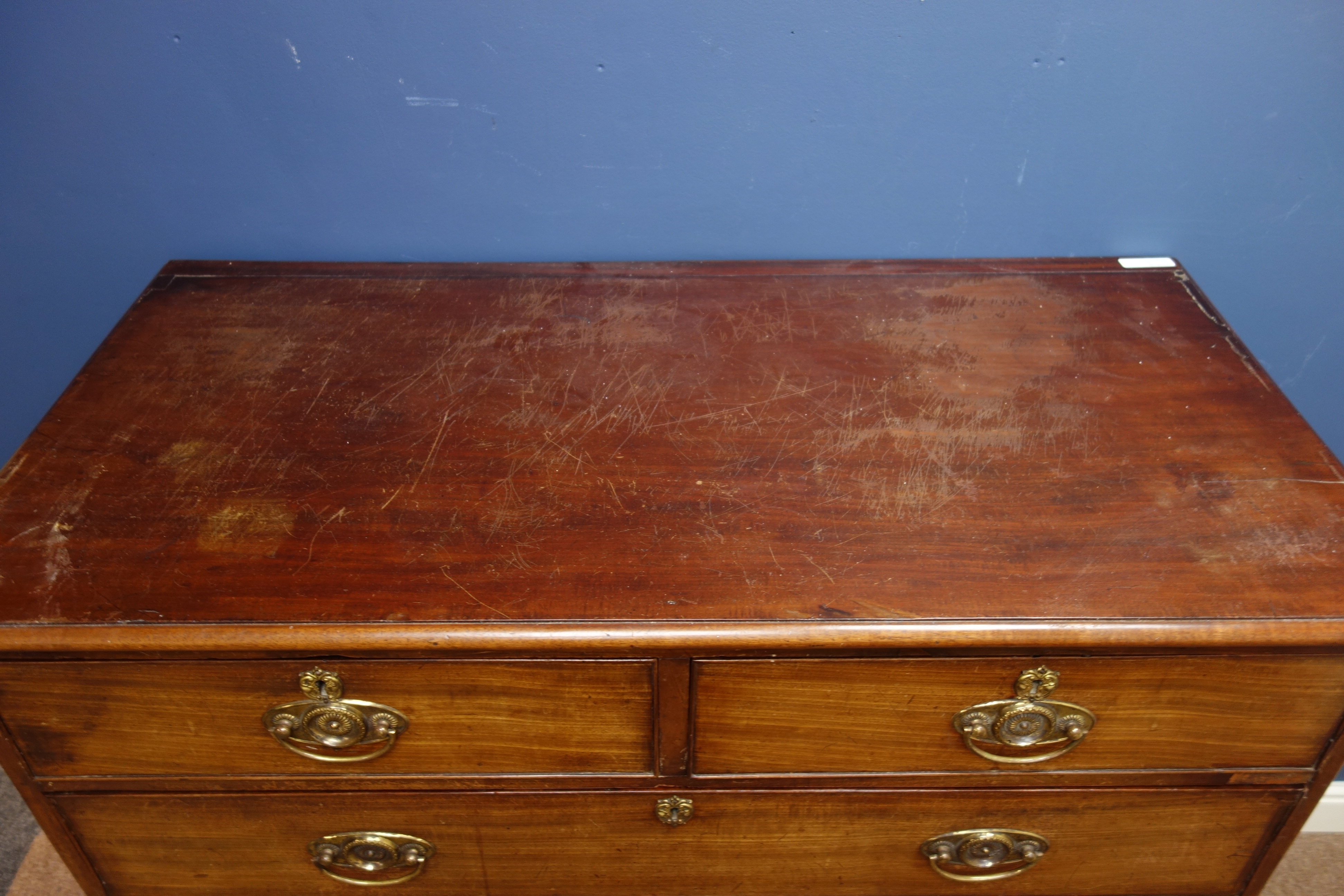 Early 19th century mahogany chest, two short and three long drawers, splayed bracket feet, W109cm, - Image 3 of 3